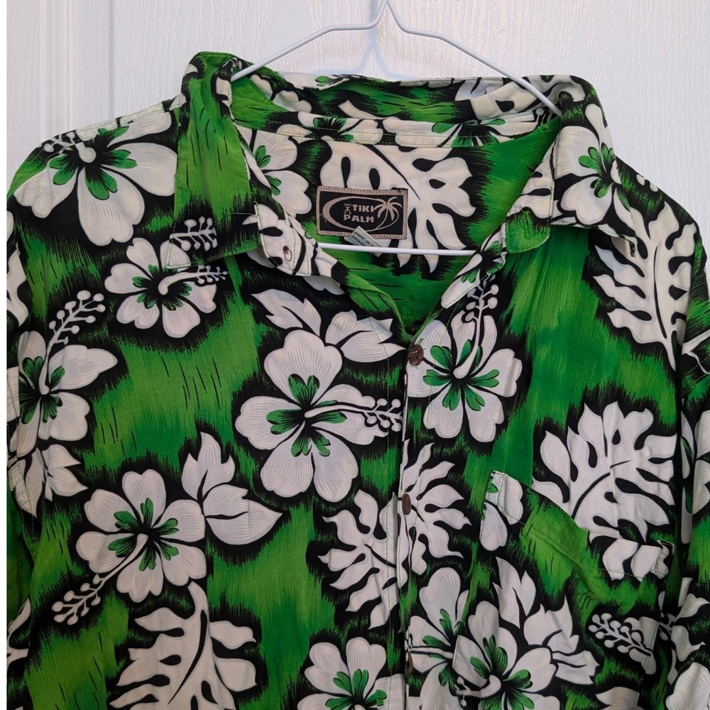 Tiki Palm Mens XL Green Black Hibiscus Floral Rayon Hawaiian Button Down Shirt - Picture 2 of 6